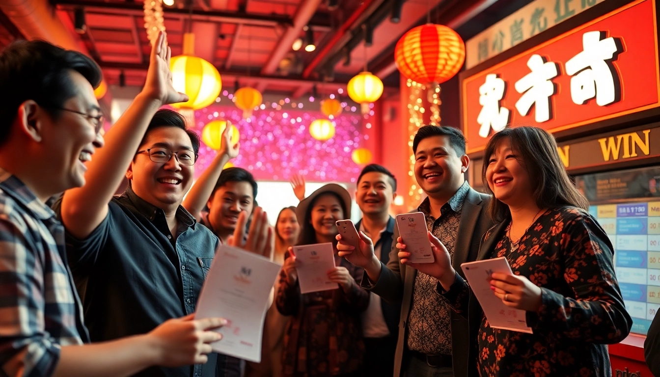 Celebrate at มาชัวร์เบท with winners enjoying their lottery success in a vibrant setting.