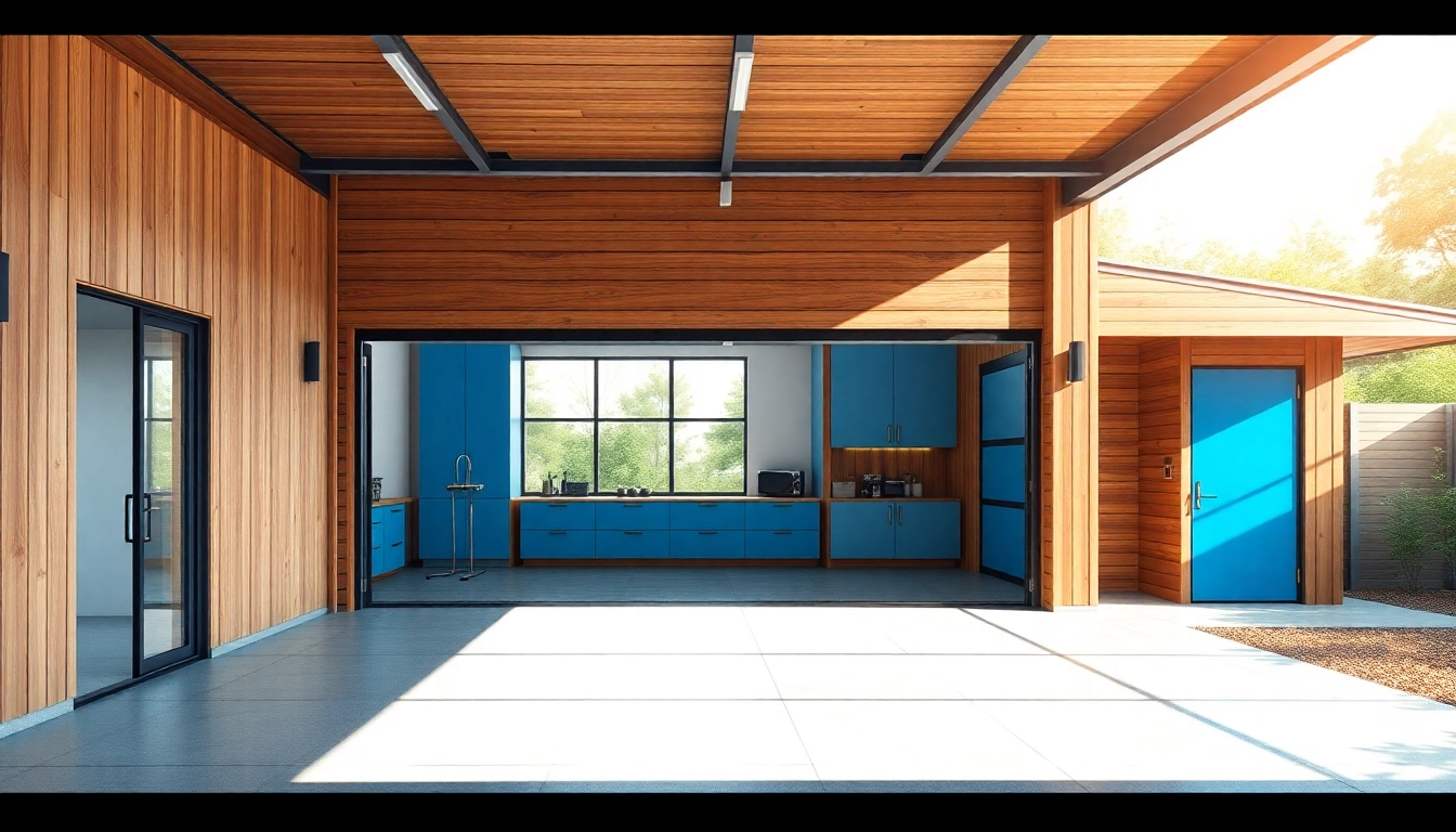 Design a modern custom garage with sleek glass doors and blue accents to enhance your property.