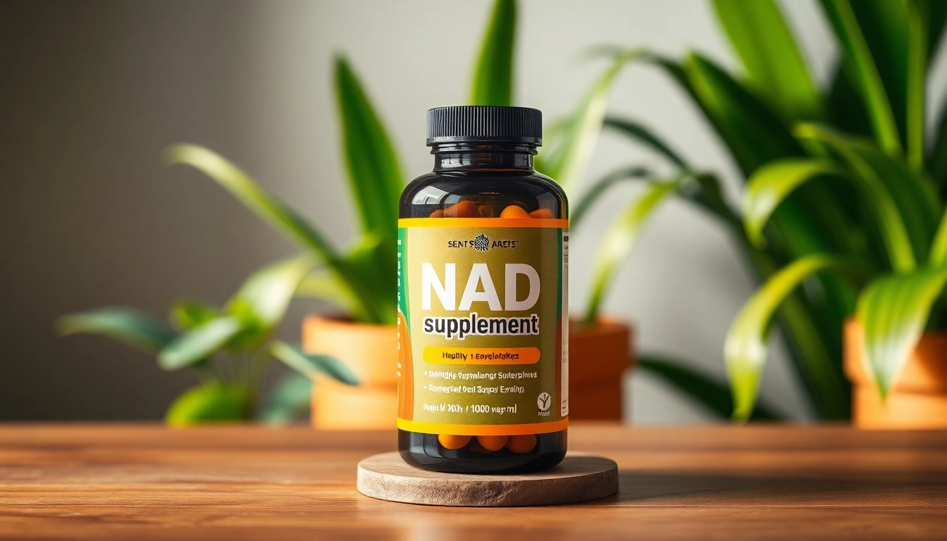 Showcasing NAD Supplement bottle with natural elements reflecting health and vitality.