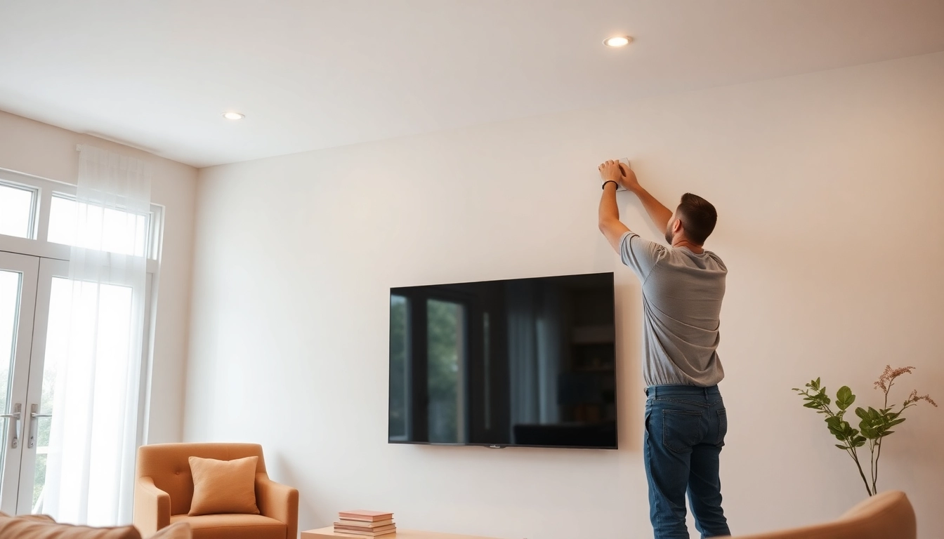 Expert TV mounting installation service showcasing a professional setting with a modern TV setup.