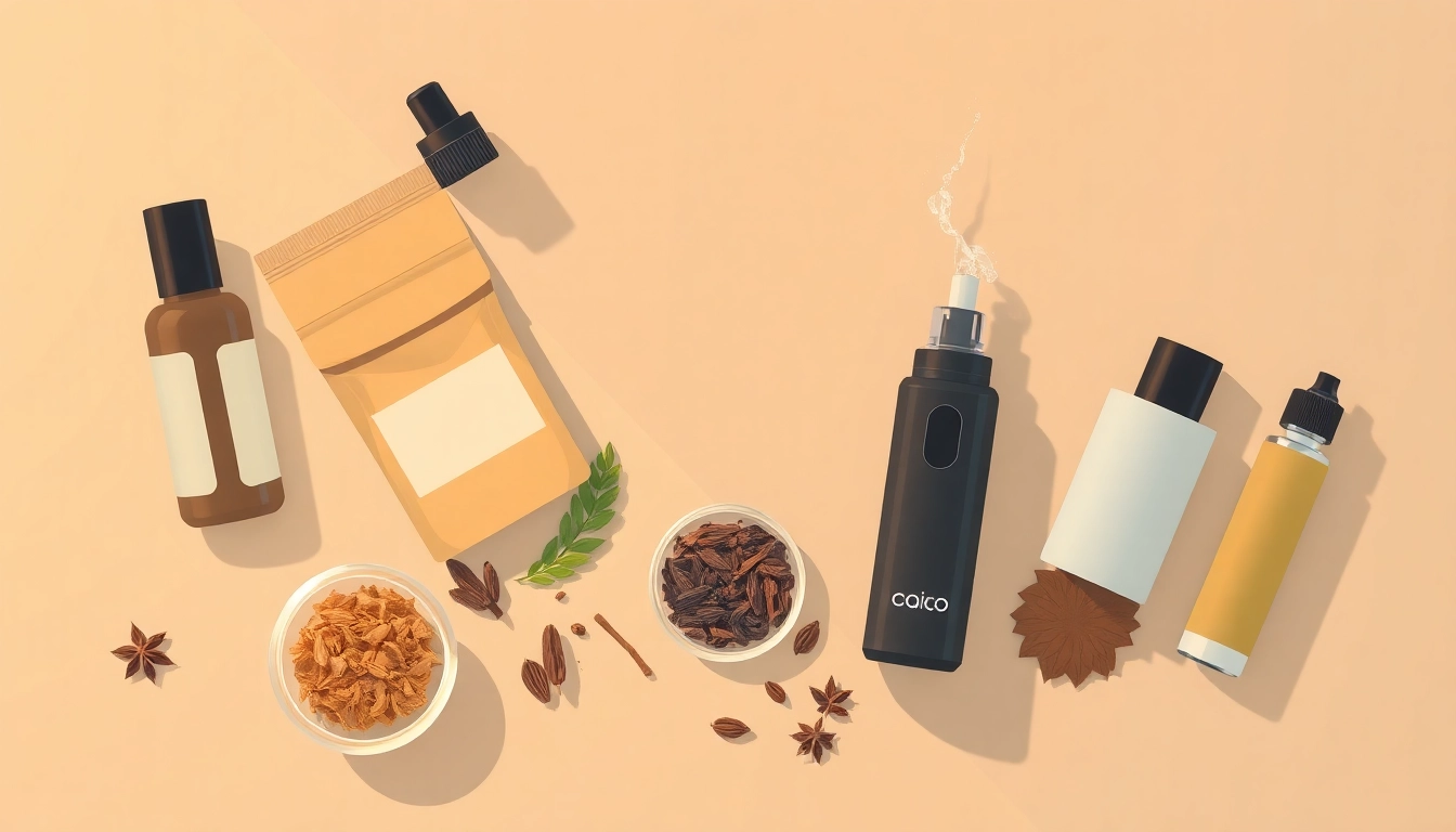 Tobacco Replacement products displayed in a calm, earthy setting with herbal blends and vaping devices.