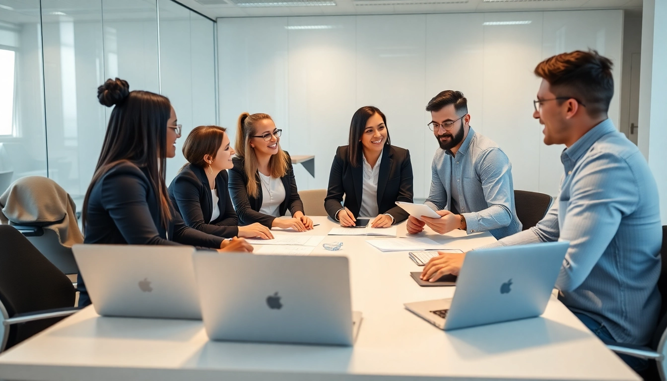 Outsourcing professionals collaborating on business solutions in a modern office.