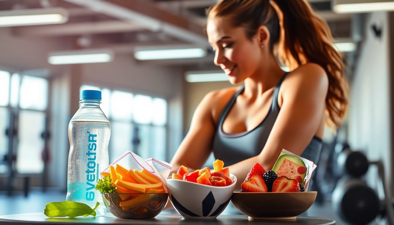 Enjoy a refreshing postworkout shake next to an array of healthy snacks on a gym bench.