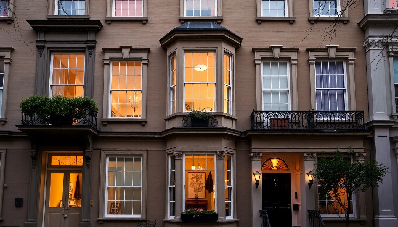 Stunning Bloomsbury townhouse showcasing Victorian architecture with intricate details and warm evening light.