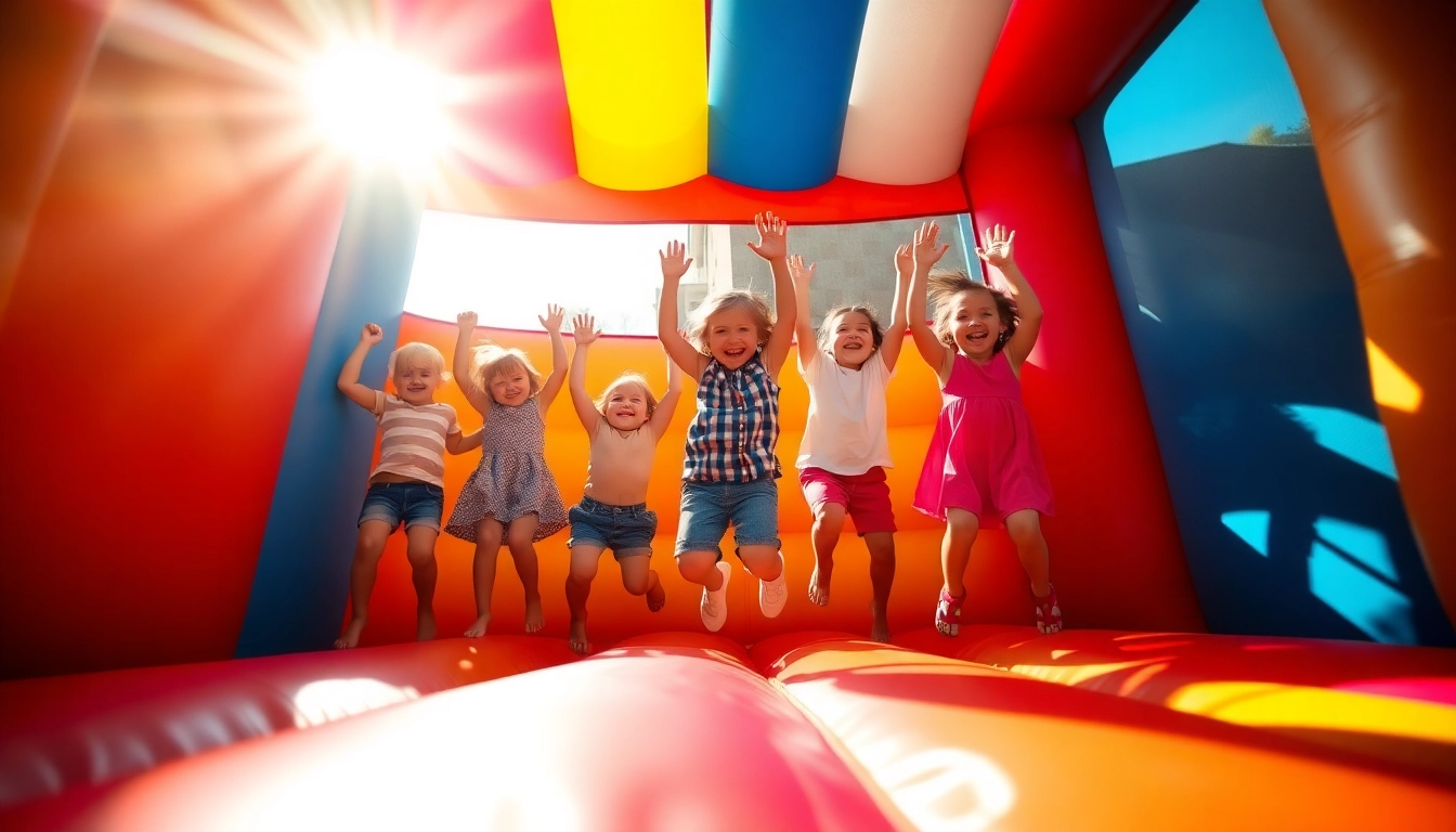 Enjoying a bounce house rental near me at a fun-filled outdoor birthday party.