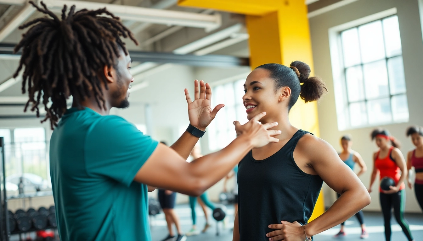 Best Fitness Trainer Jersey City coaching a client to achieve fitness goals in a vibrant gym environment.