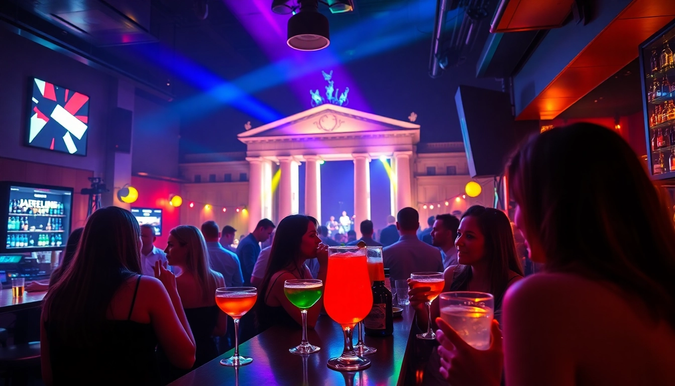 Guests enjoying an afterwork party in Berlin, surrounded by lively ambiance and colorful lighting.