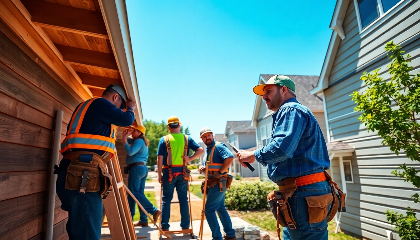 Showcasing exterior project services, professionals collaborate on installation tasks in a vibrant neighborhood.
