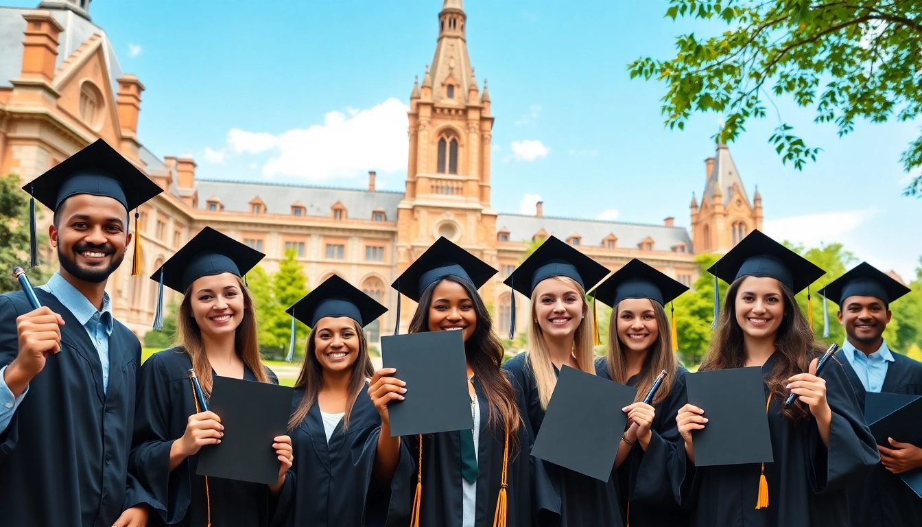 Celebrities celebrating their original UK degree in front of a historic university.