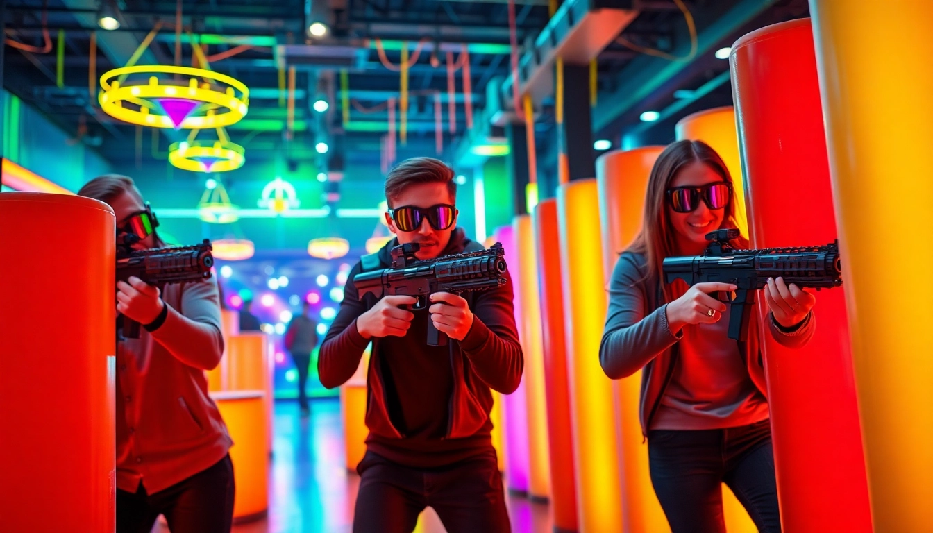 Engaged players in a laser tag match showcasing vibrant gear and lively arena settings.