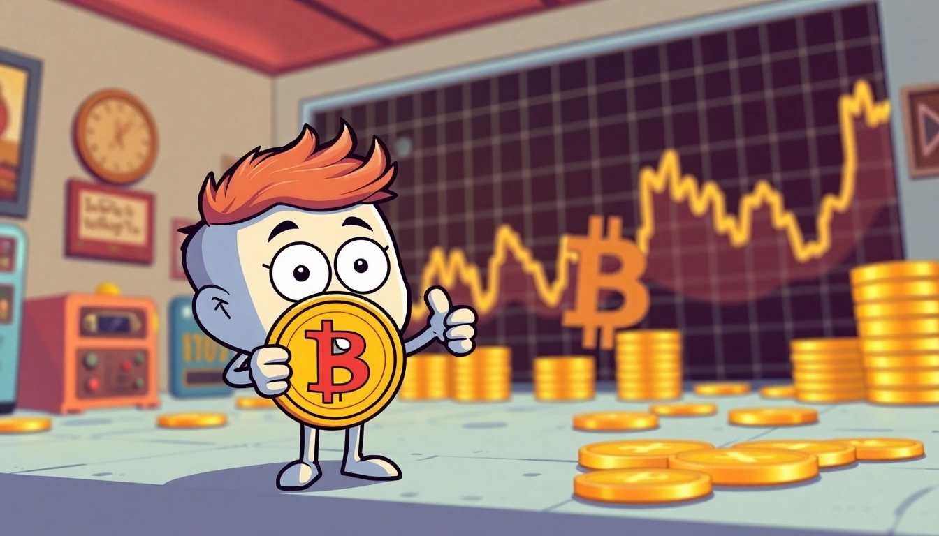 Engaging vintage meme crypto character holding a Bitcoin amidst colorful graphics.