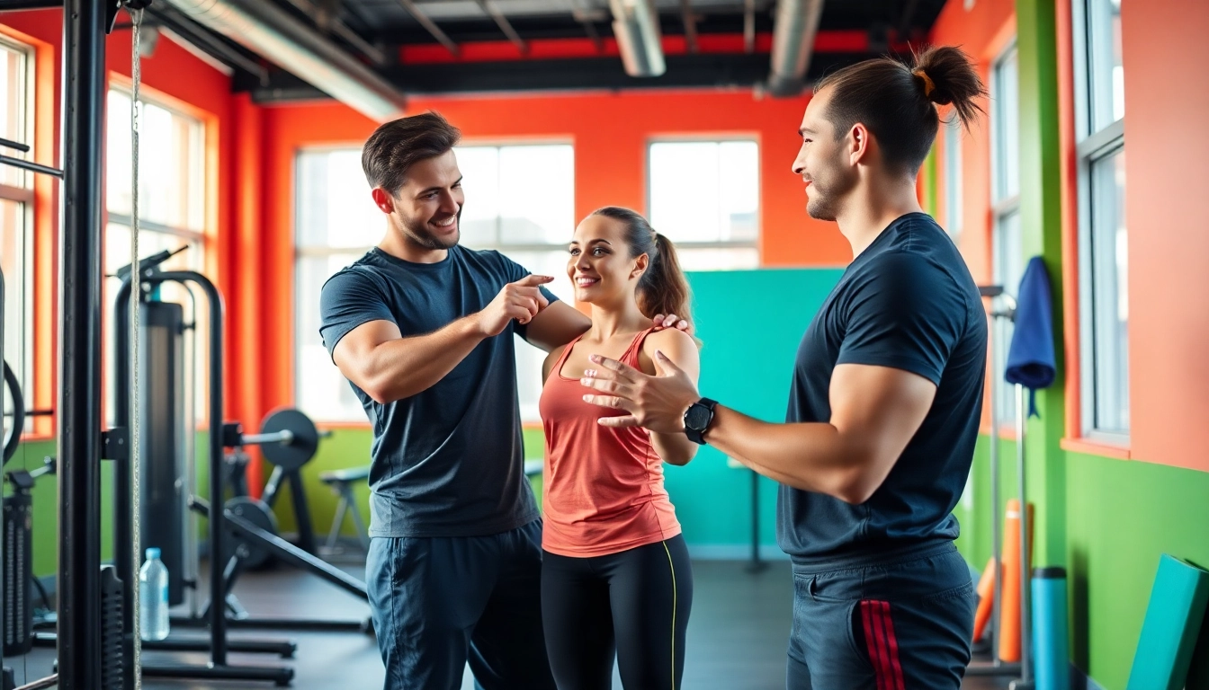 Beginner Personal Training Downtown Jersey City with a trainer guiding a new client in a lively gym.