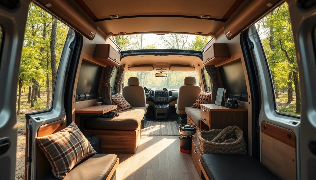 Discover the perfect Van interior with cozy furnishings and a serene outdoor view.