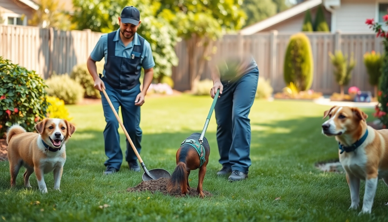 Dog clean up service team actively removing pet waste from a beautiful backyard.