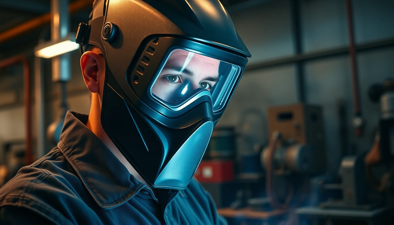 Welder using a quality welding mask while working in a workshop setting.
