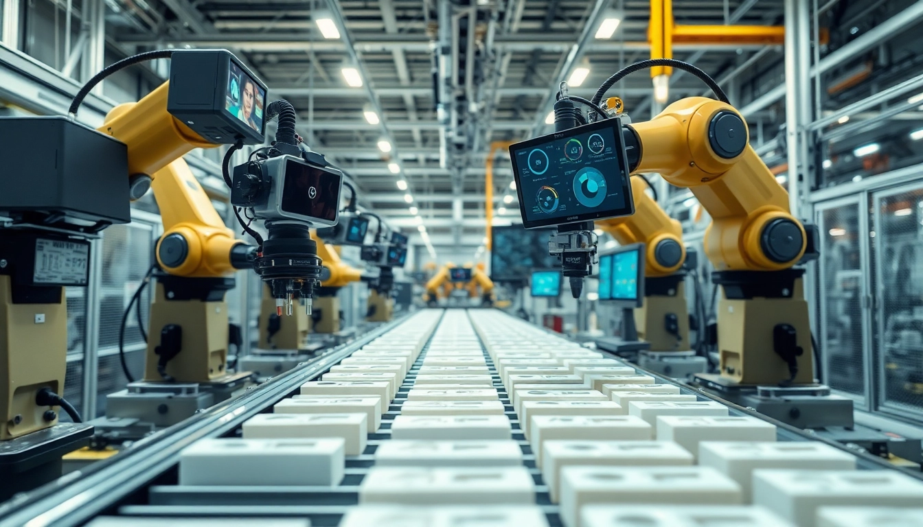 Showcasing machine vision technology in action with robotic arms inspecting products on an assembly line.