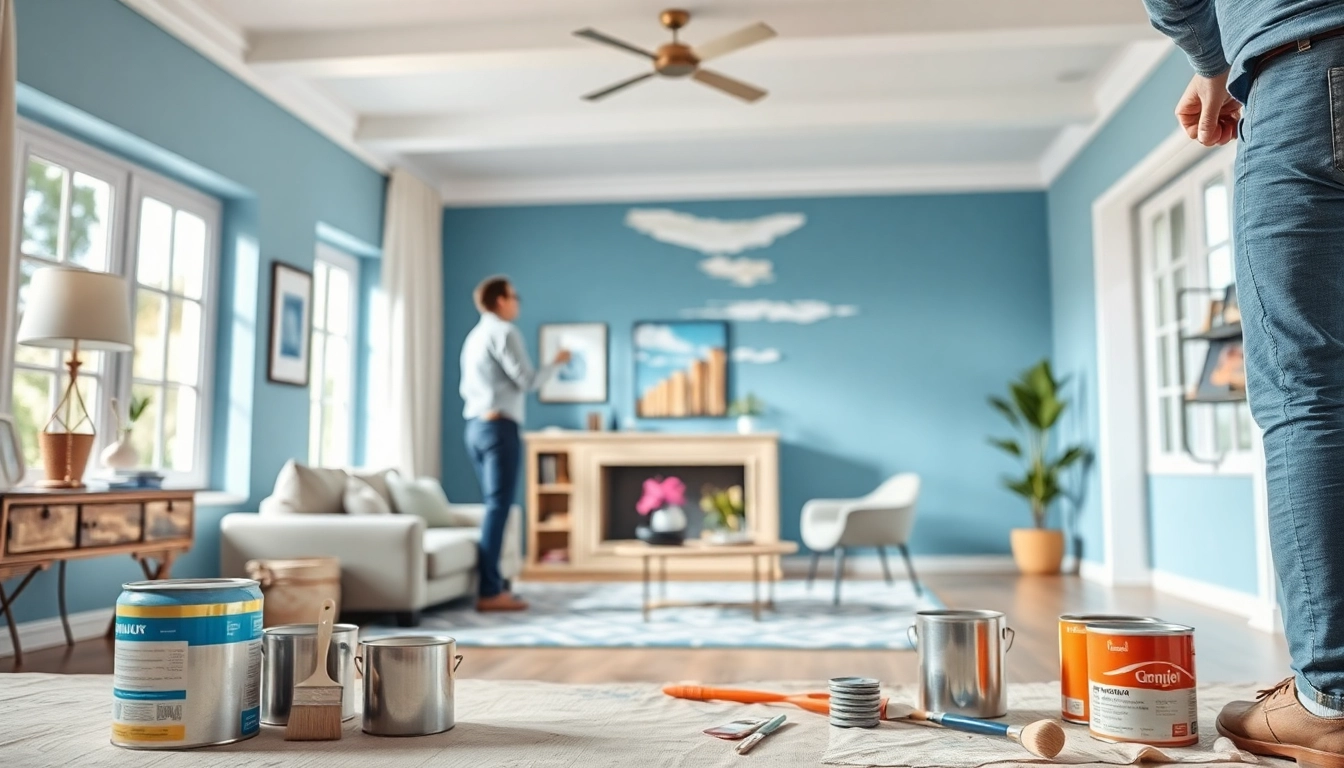 Interior painting in a bright living room with a painter applying a fresh coat of paint.