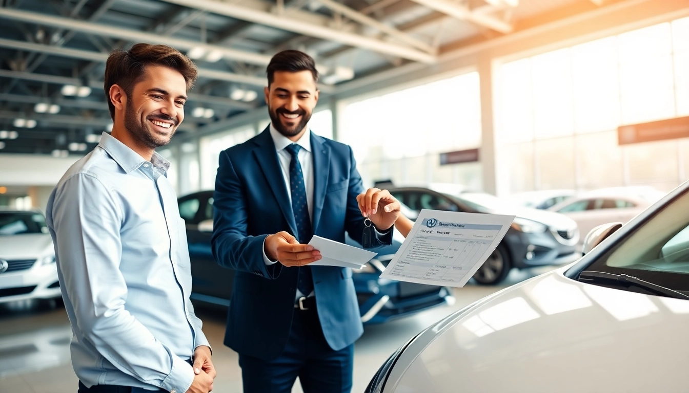 Engaging part exchange between a customer and salesperson at a professional car dealership.