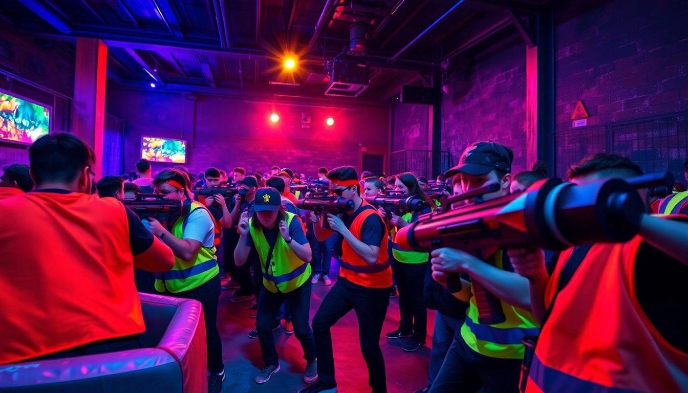 Players enjoying an engaging laser tag game in a vibrant arena filled with neon colors.
