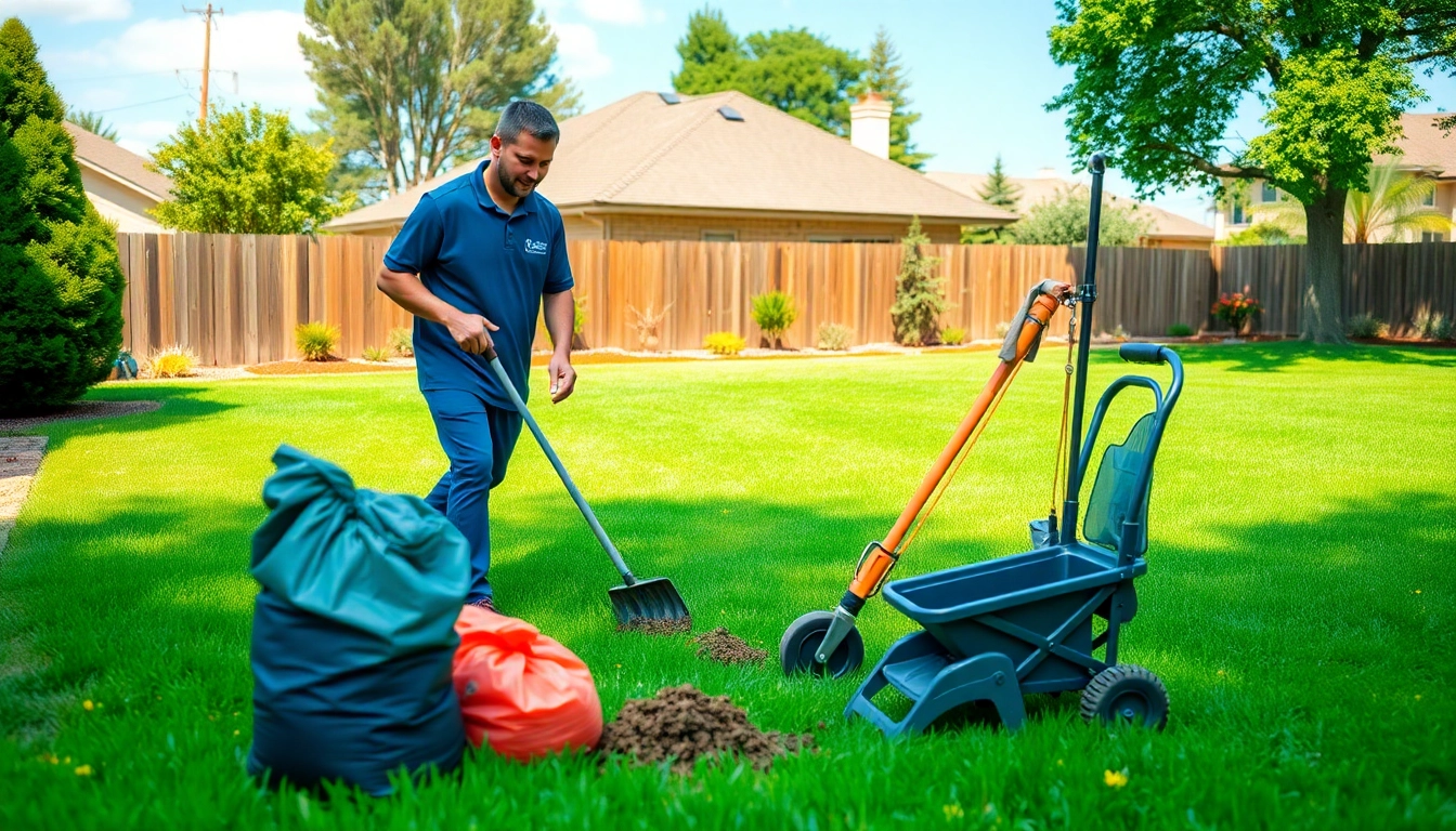 Dog poop cleanup service professional efficiently clearing waste from a suburban yard, ensuring cleanliness.