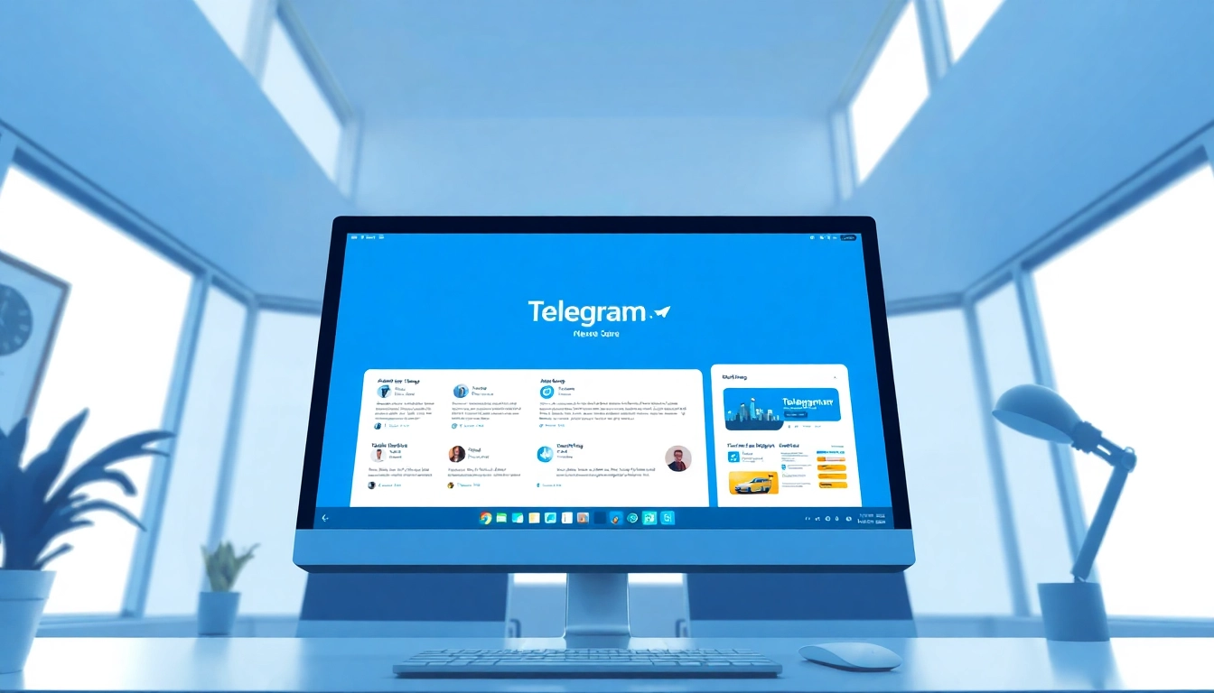 Showcase the Telegram下载电脑版 app interface on a sleek computer setup, highlighting its modern design and functionality.