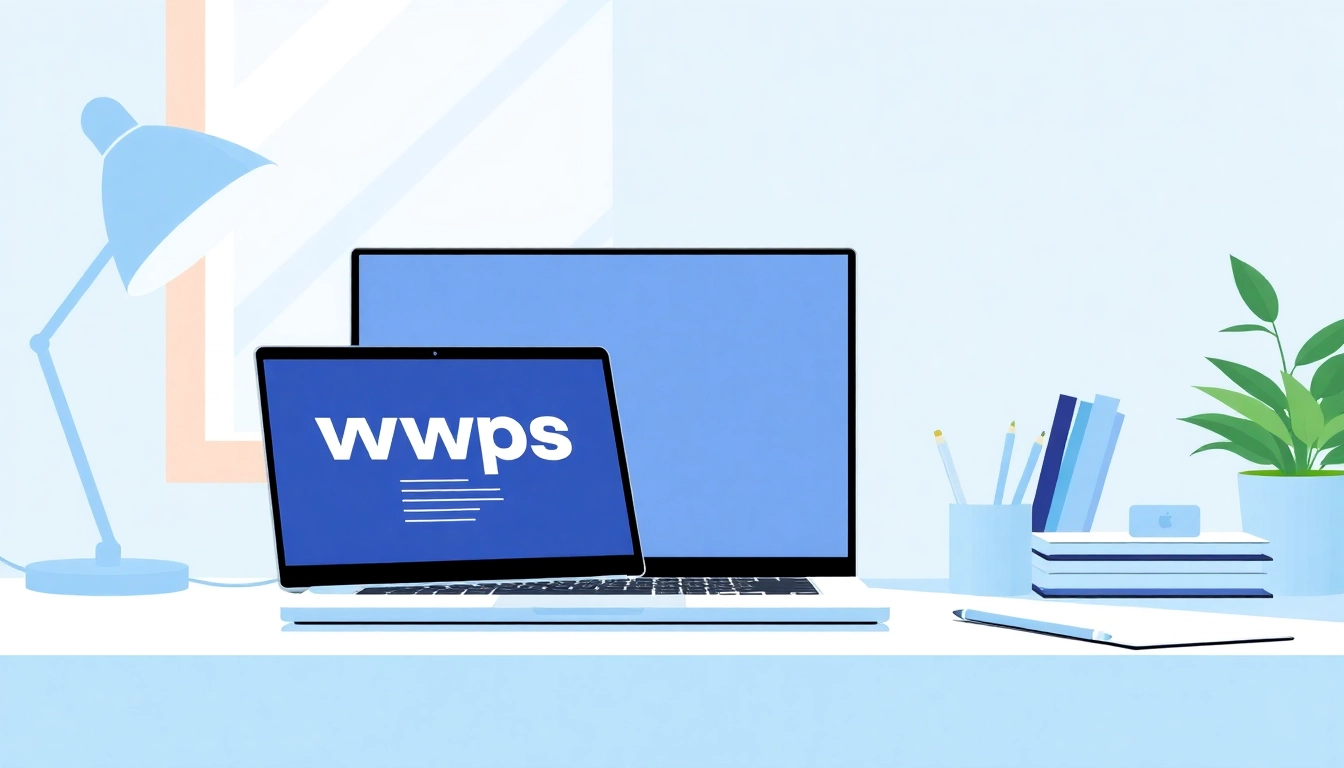 Showcase a laptop with wps interface in a modern workspace, emphasizing productivity and organization.