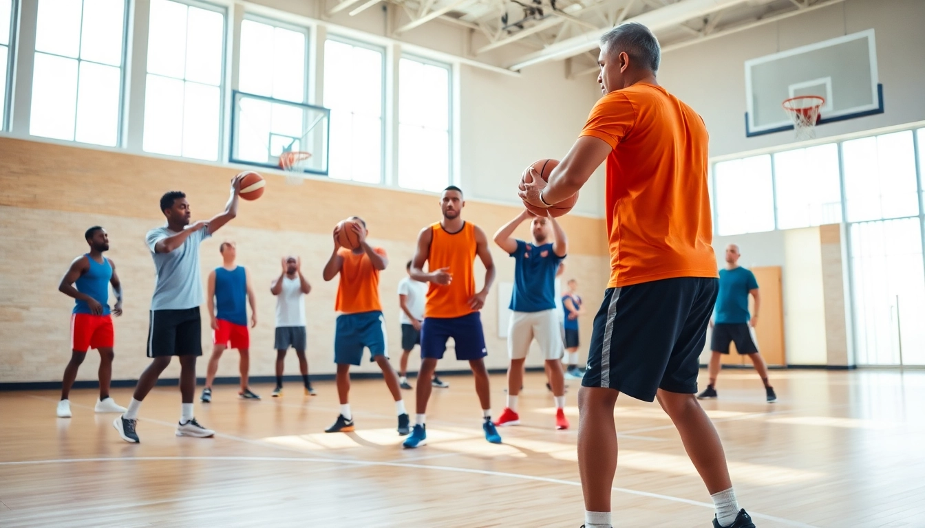 Players practicing best basketball training programs under expert guidance in a bright gym.