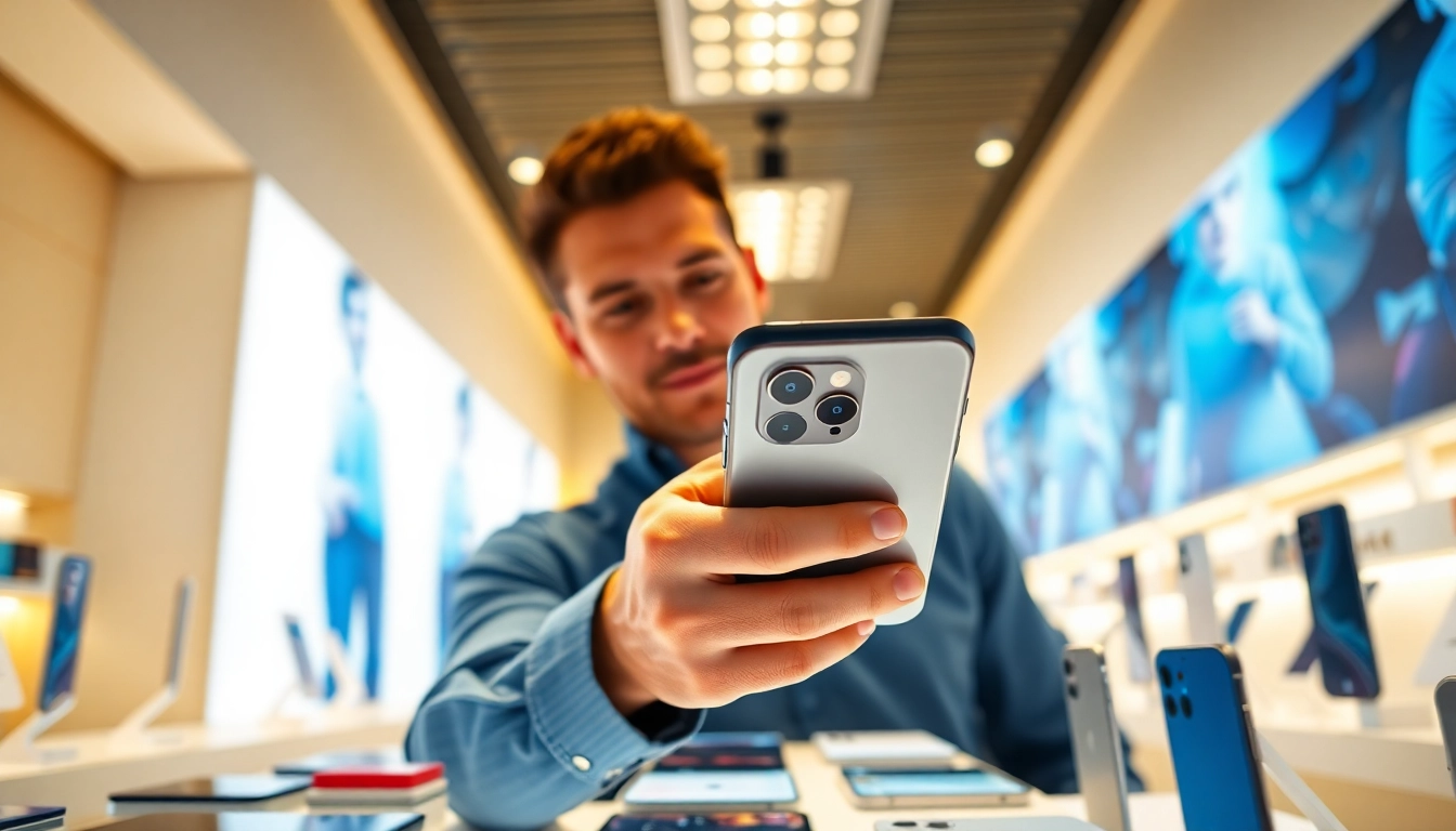 Buy iPhone models in a modern tech store, showcasing the latest devices for customers.