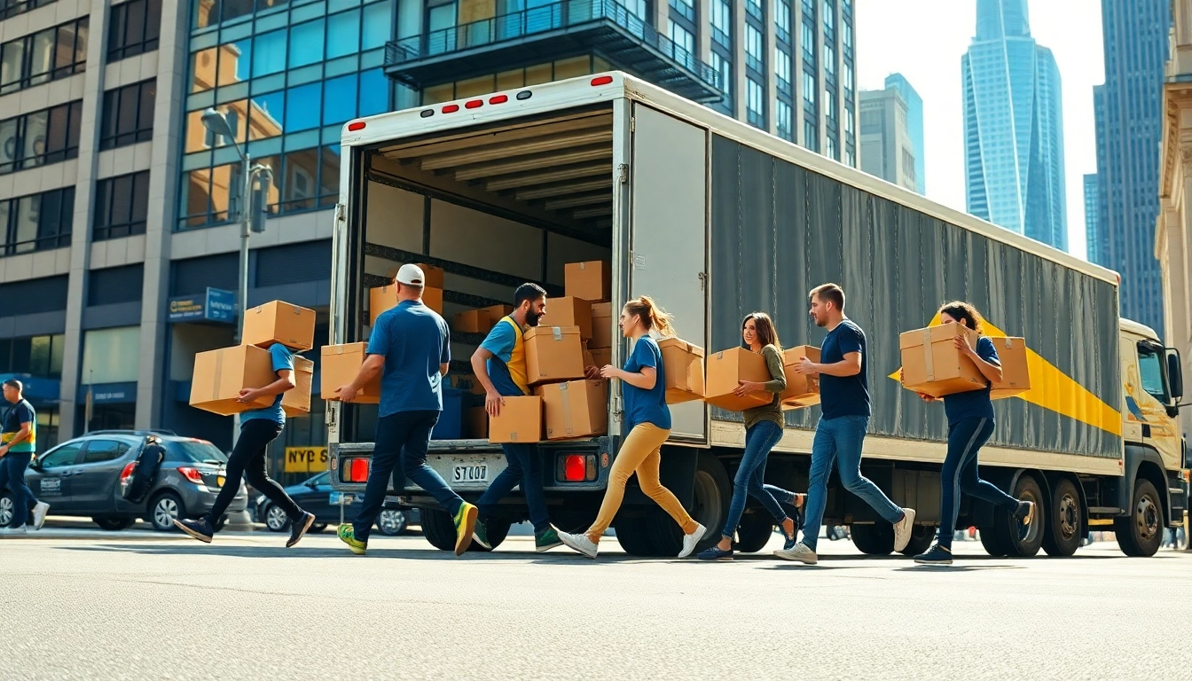Efficient team of Cheap movers nyc unloading boxes in a bustling urban setting.