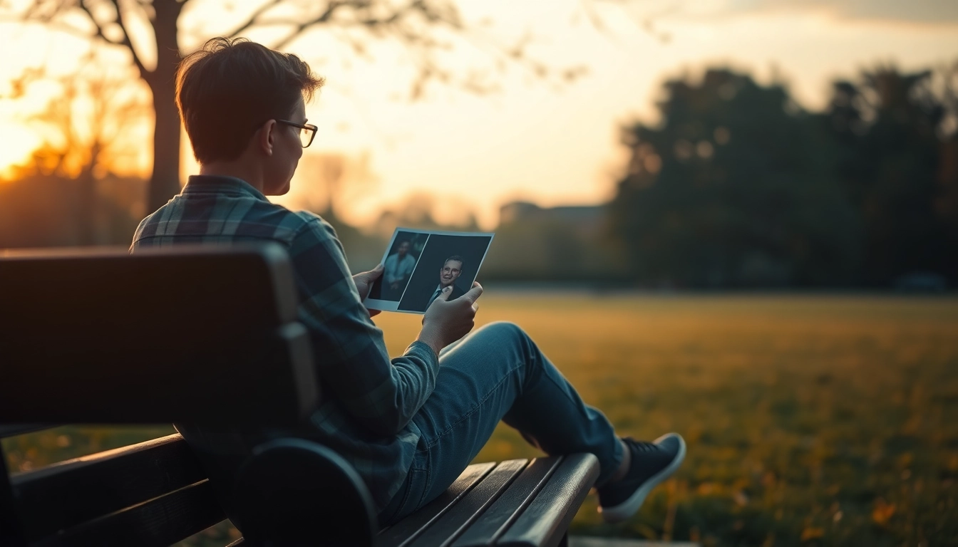 A person dealing with grief contemplates on a park bench, surrounded by trees at sunset.