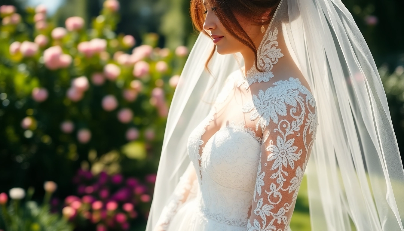 Lace Wedding Dresses embellish the enchanting bride in a sunlit garden setting.
