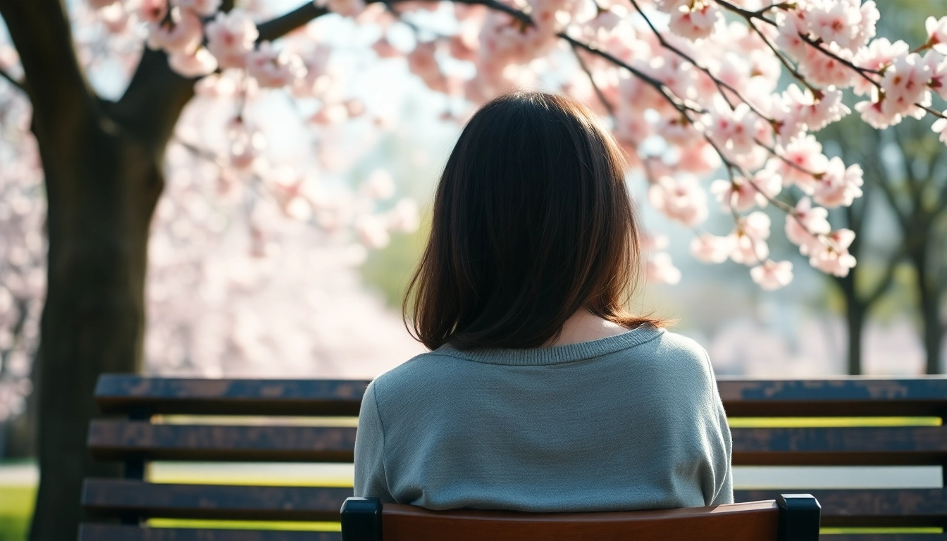 A person reflecting while dealing with grief beneath a blooming cherry blossom tree, evoking tranquility.