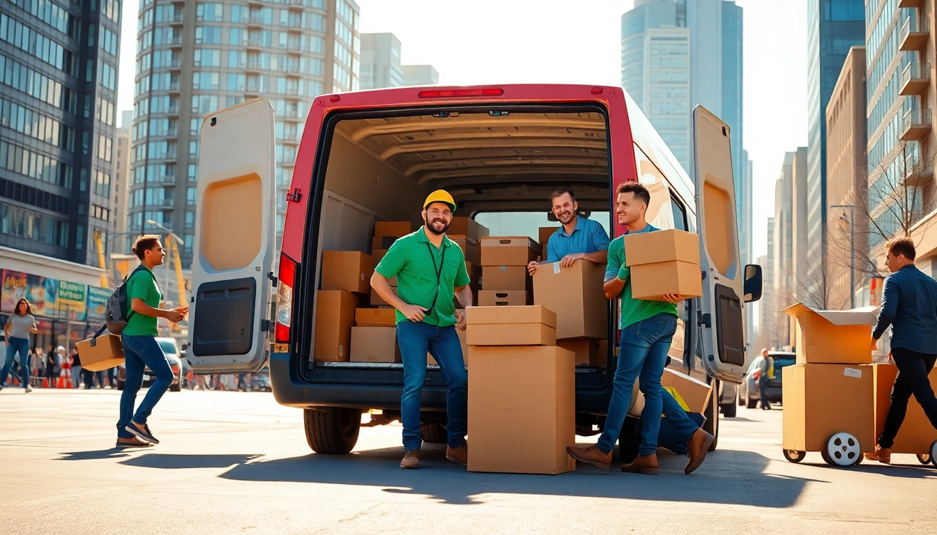 Professional man and van moving team efficiently loading for a move in the city.