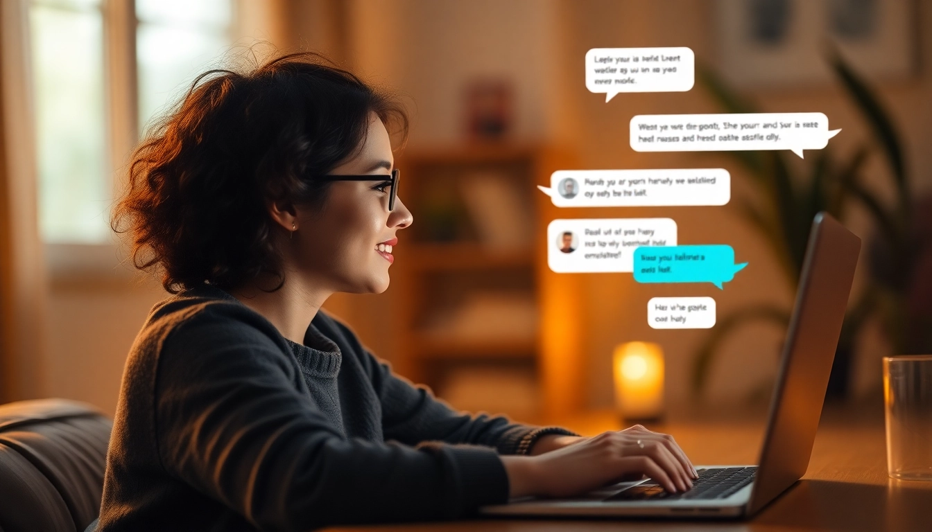 Engage in دردشة كتابية through lively conversations on a laptop with vibrant chat bubbles.