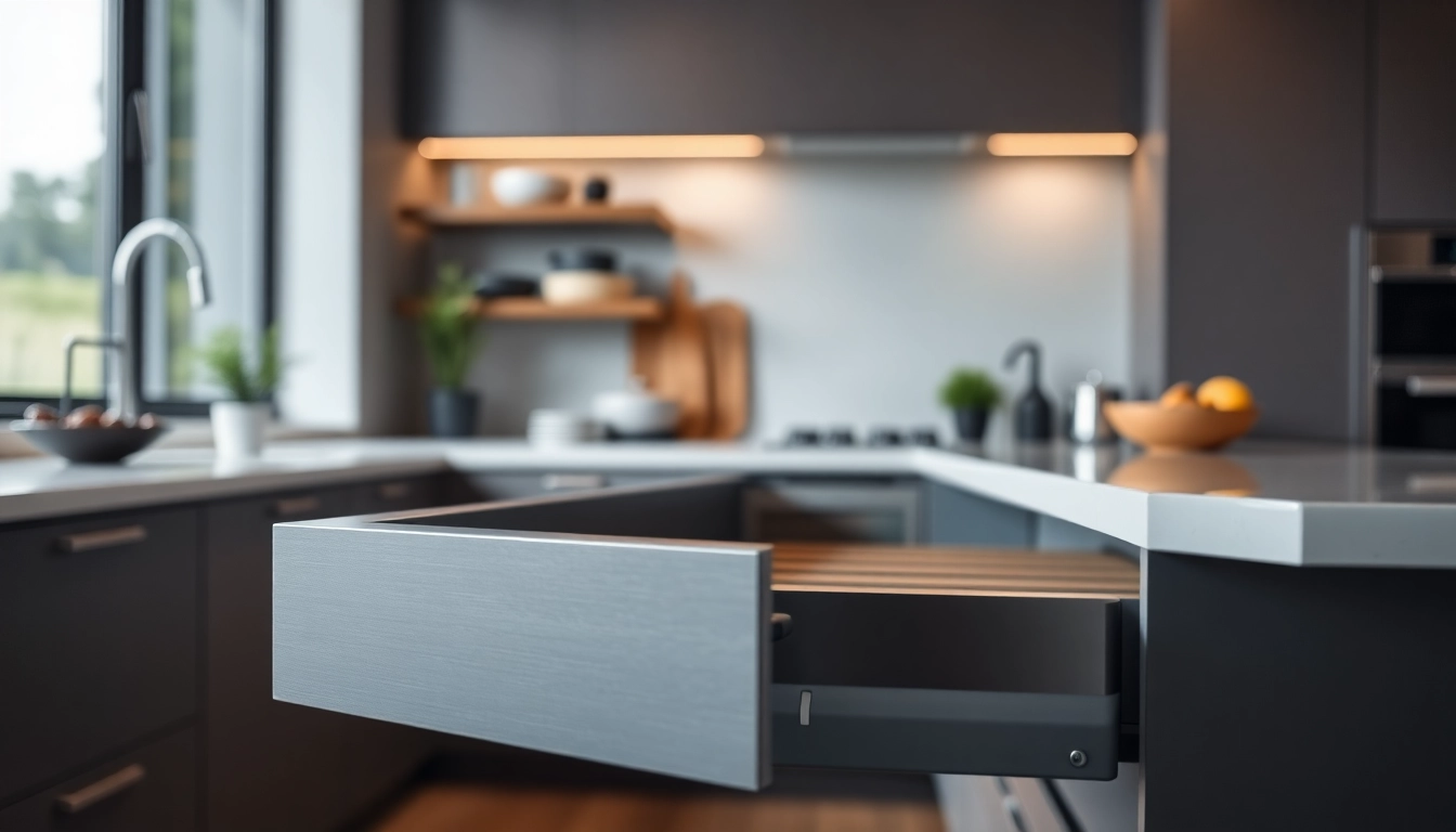 Showcasing a Metal Drawer System with modern design, highlighting smooth operation and durability in a kitchen setting.