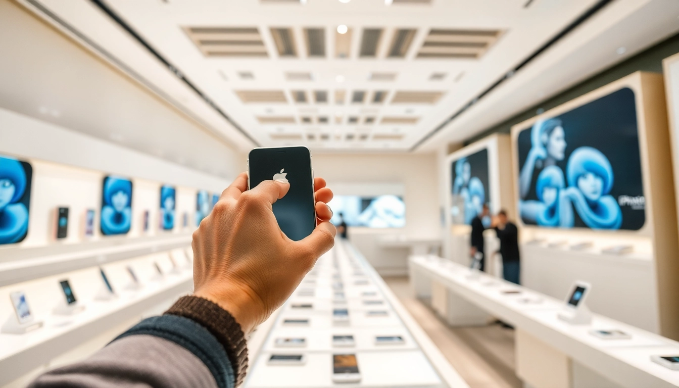 Showcase of iPhones in a retail space as customers look to buy iPhone models.
