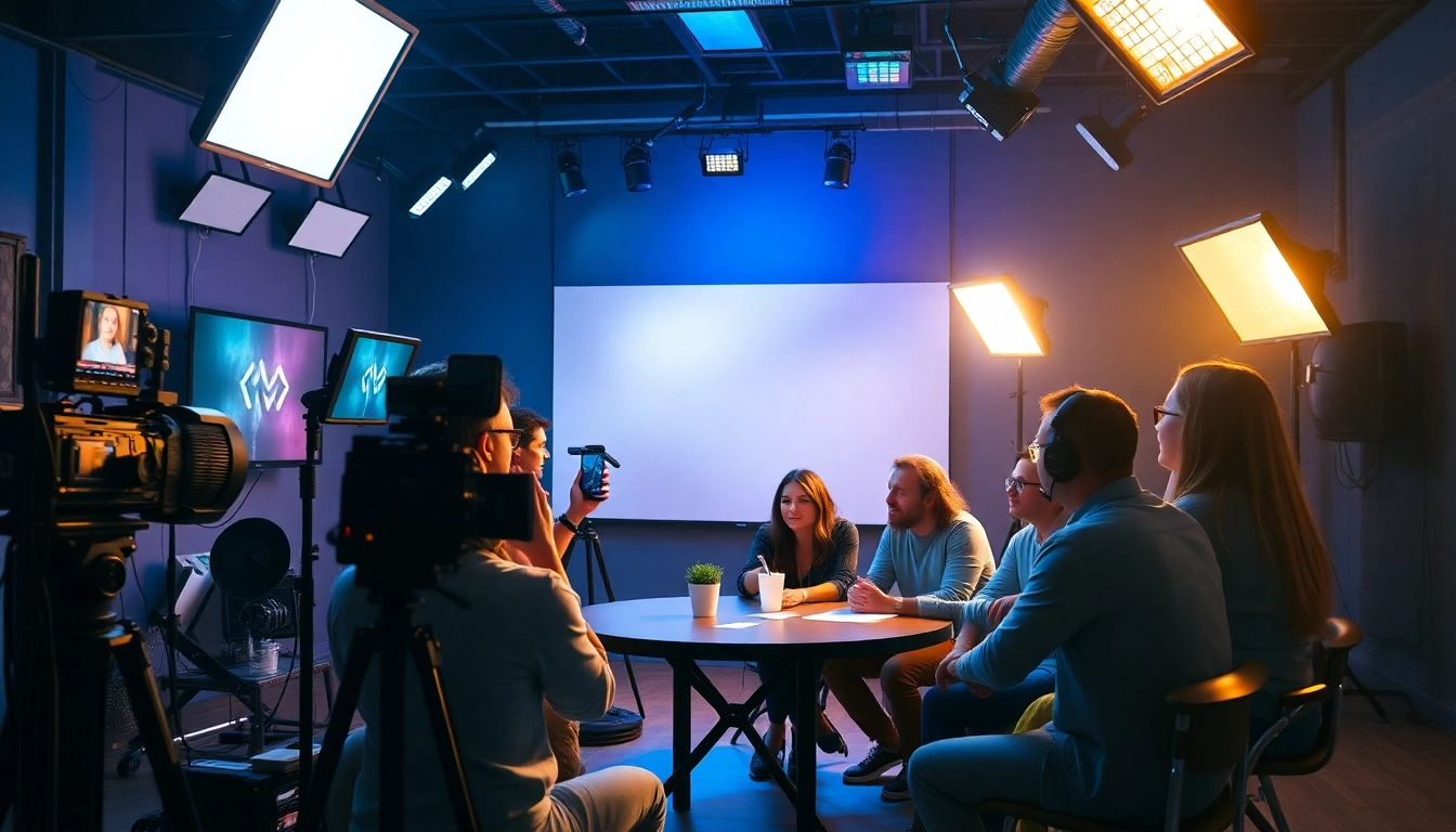 Dynamic team collaborating in a 영상업체 setting, emphasizing creativity in video production.