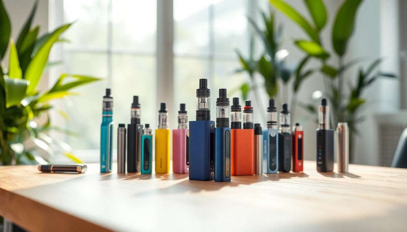 Showcasing vibrant nicotine free vapes elegantly arranged on a wooden table in a sunny setting.