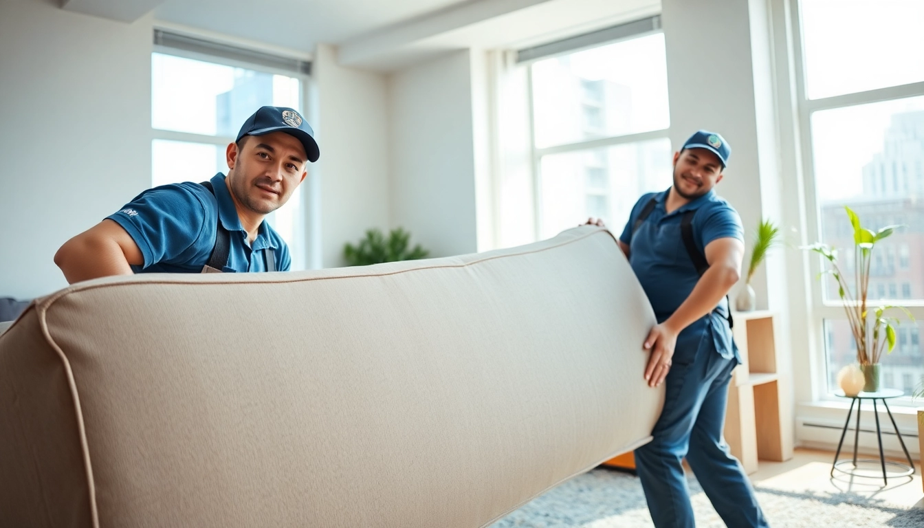 Professional movers handling furniture showcasing Cheap movers nyc in action