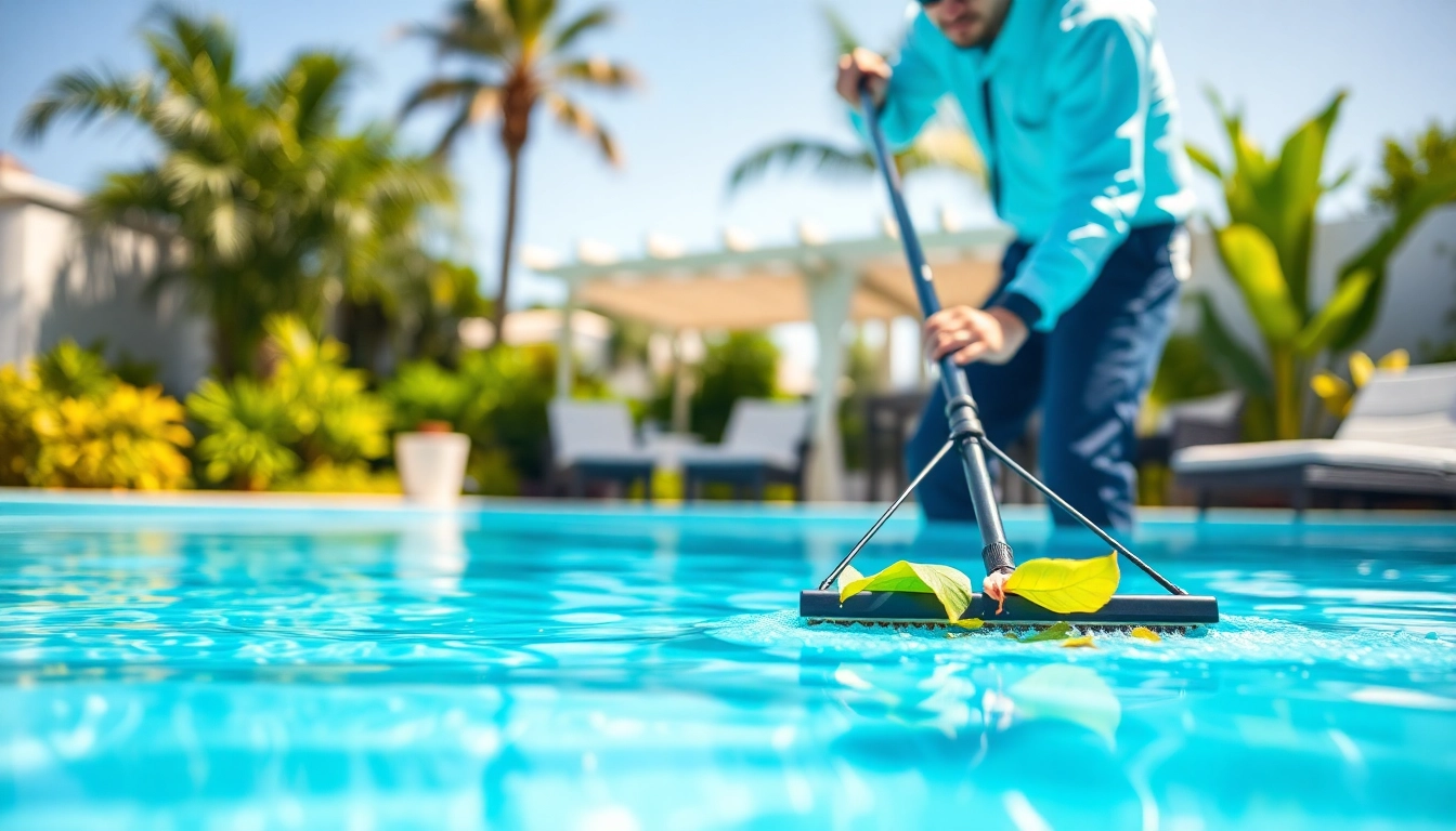 Skilled pool cleaning service technician maintaining a clear pool ensuring cleanliness and satisfaction.