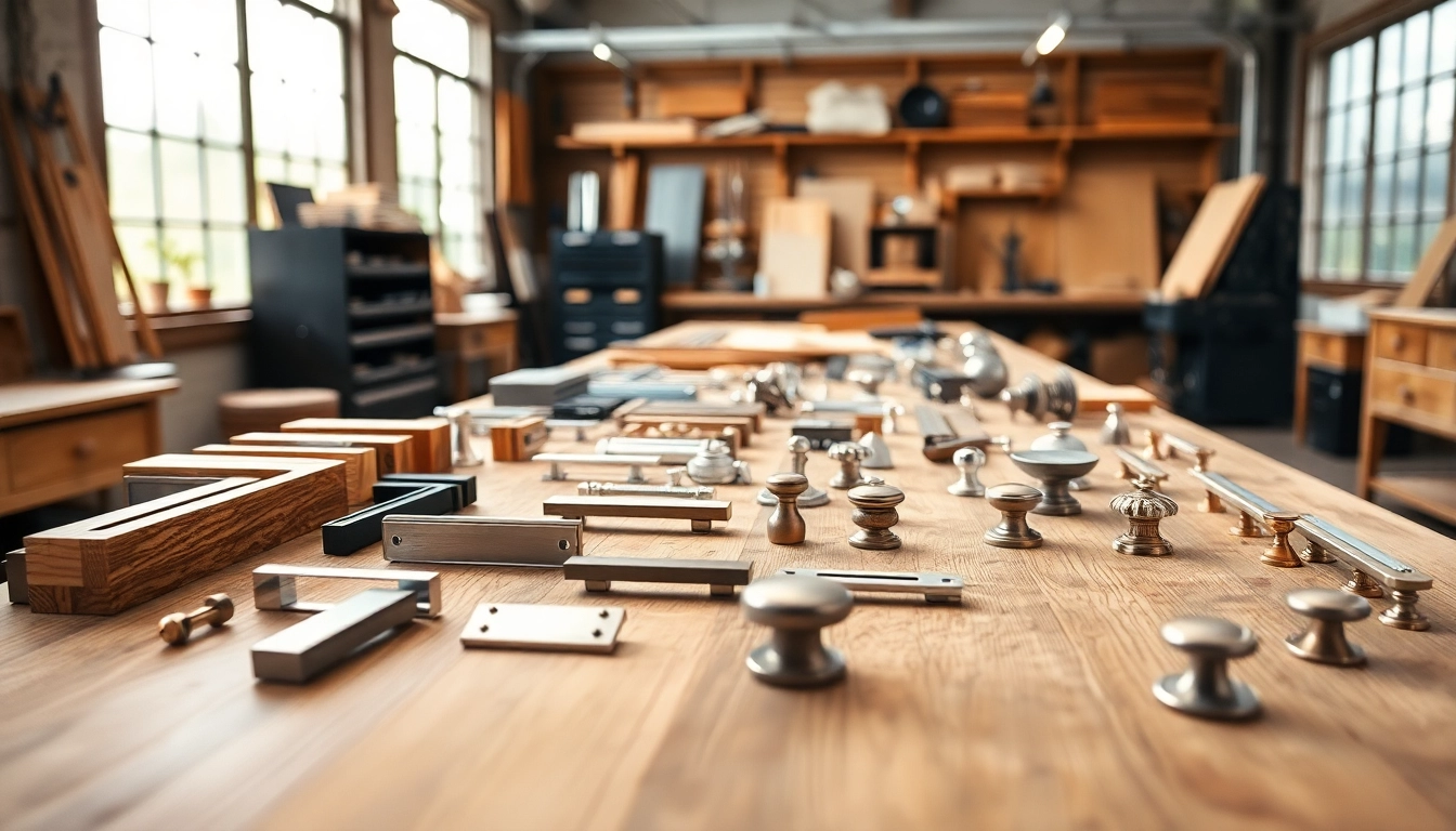 Showcase of furniture hardware manufacturers' products, including knobs and slides, in a professional setting
