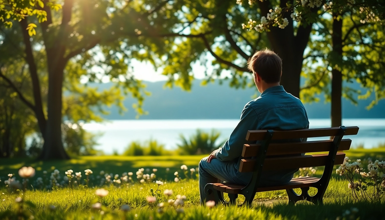 Contemplative individual dealing with grief in a peaceful park setting.