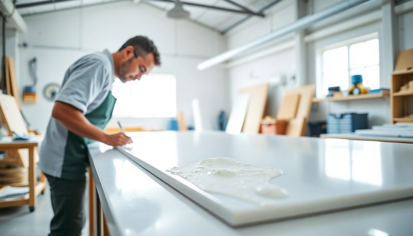 Applying laminating resin to fiberglass sheets in a professional workshop setting.