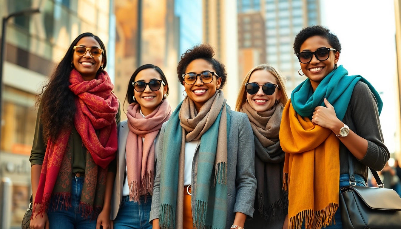 Models showcasing colorful vela scarves in a vibrant urban environment, radiating self-expression.