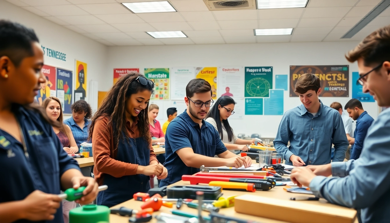 Engaged students at a trade school in Tennessee learning hands-on skills in a bright classroom.