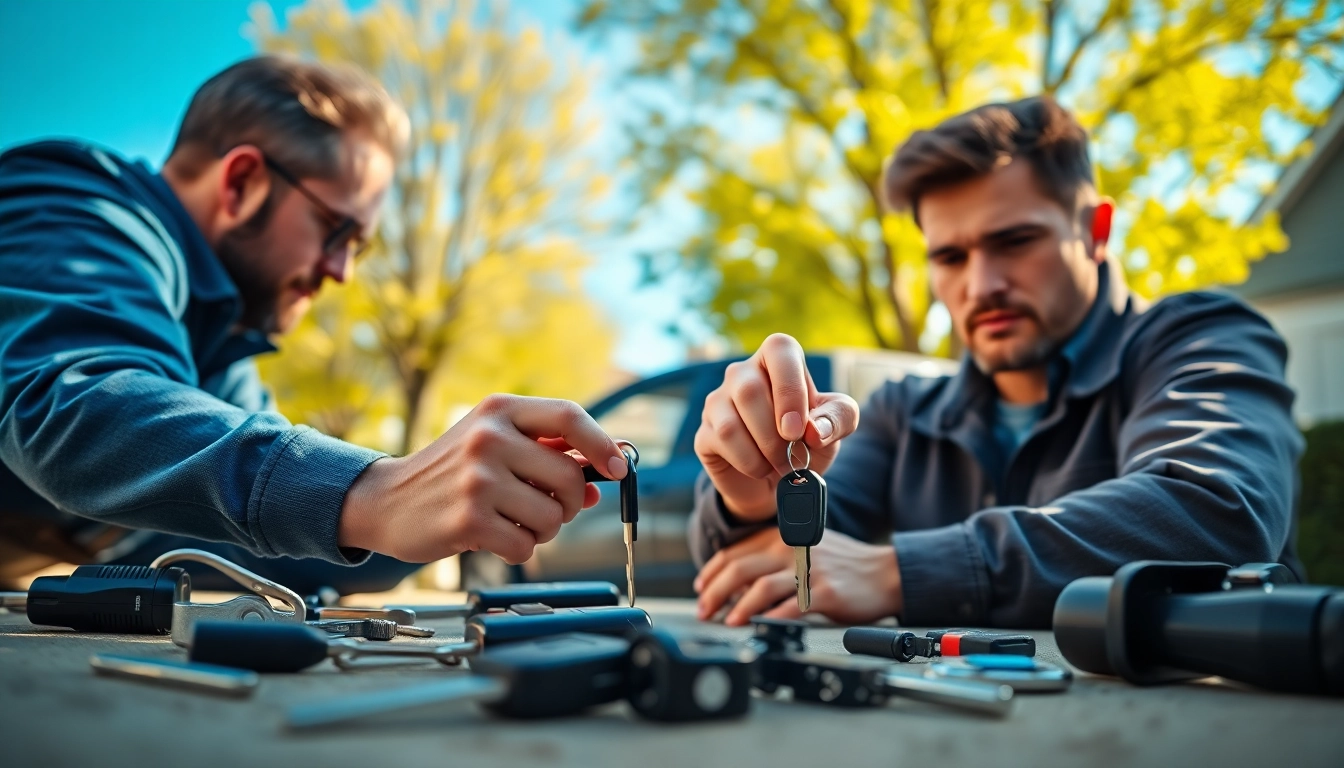 Locksmith replacing Lost Car Keys for a car owner in a suburban setting, showing tools and support.