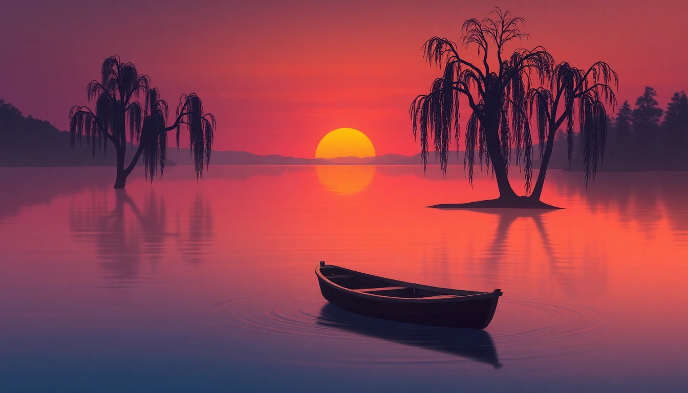 A tranquil lakeside scene portraying coping strategies for dealing with grief, featuring a calming sunset and a small rowboat.