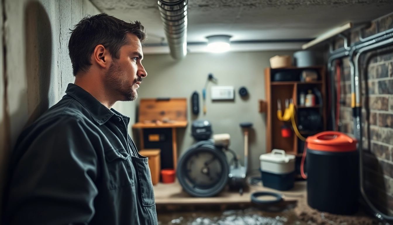 Expert basement waterproofing company Geneva technician assessing damp walls for effective solutions.