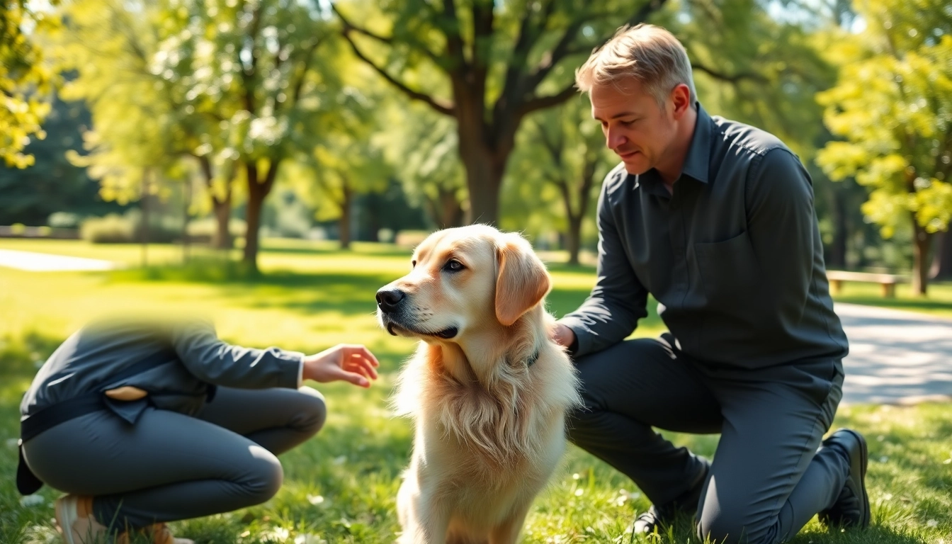 Service dog trainer guiding a golden retriever through commands in a sunny park.