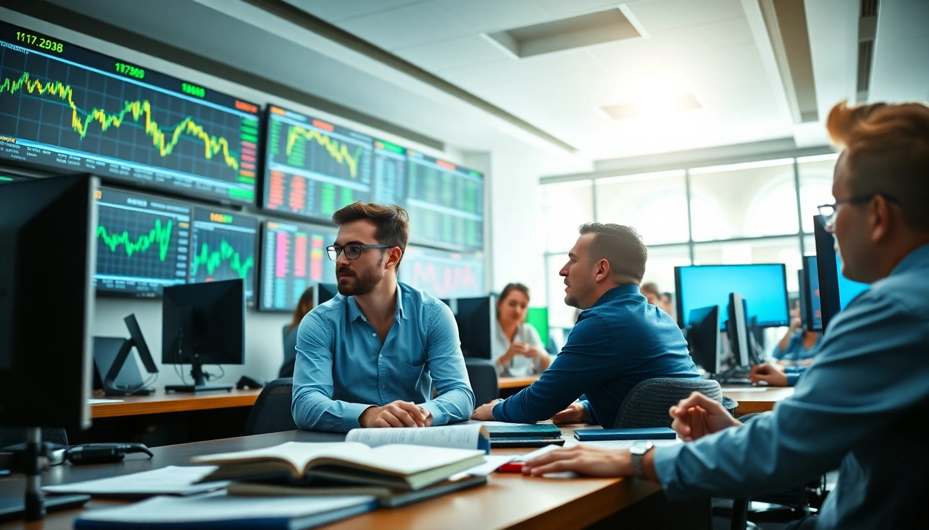 Retail traders collaborating in a vibrant trading office, analyzing stock charts and financial data.